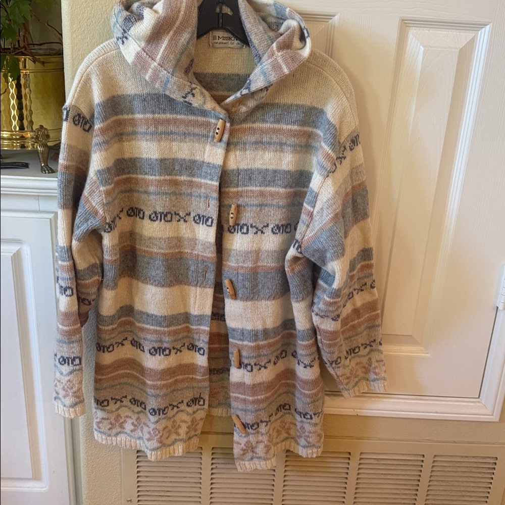 Vintage wool Striped Hooded ski Cardigan coat wooden buttons